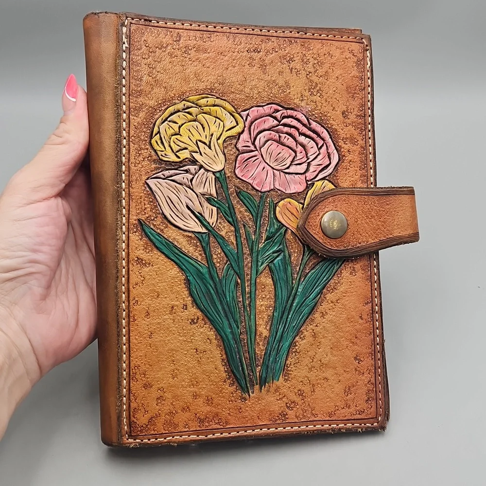 Hand Tooled & Painted Journel Cover Heavy Duty Leather Roses Flowers